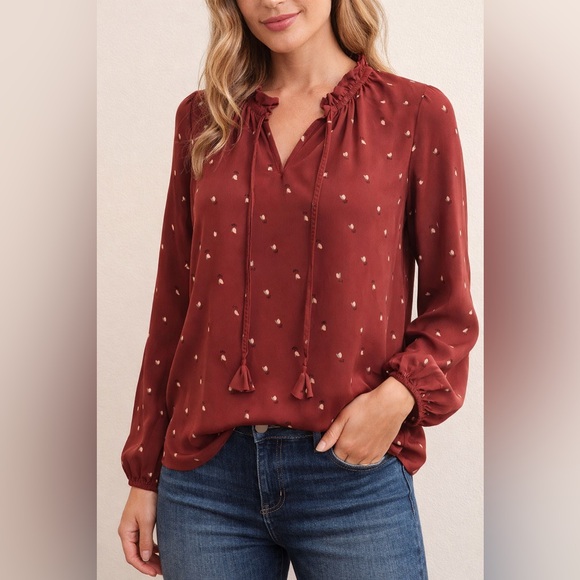 LOFT XS Burgundy Floral Tie Neck Blouse Cottagecore Boho Long Sleeve - Picture 2 of 8